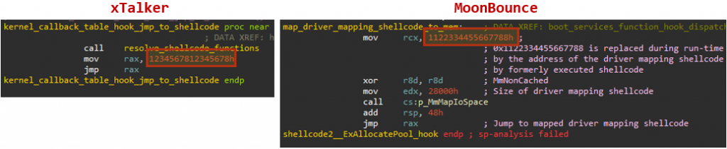 xTalker rootkit 与 MoonBounce 的 shellcode 中在执行期间被替换的魔数标记